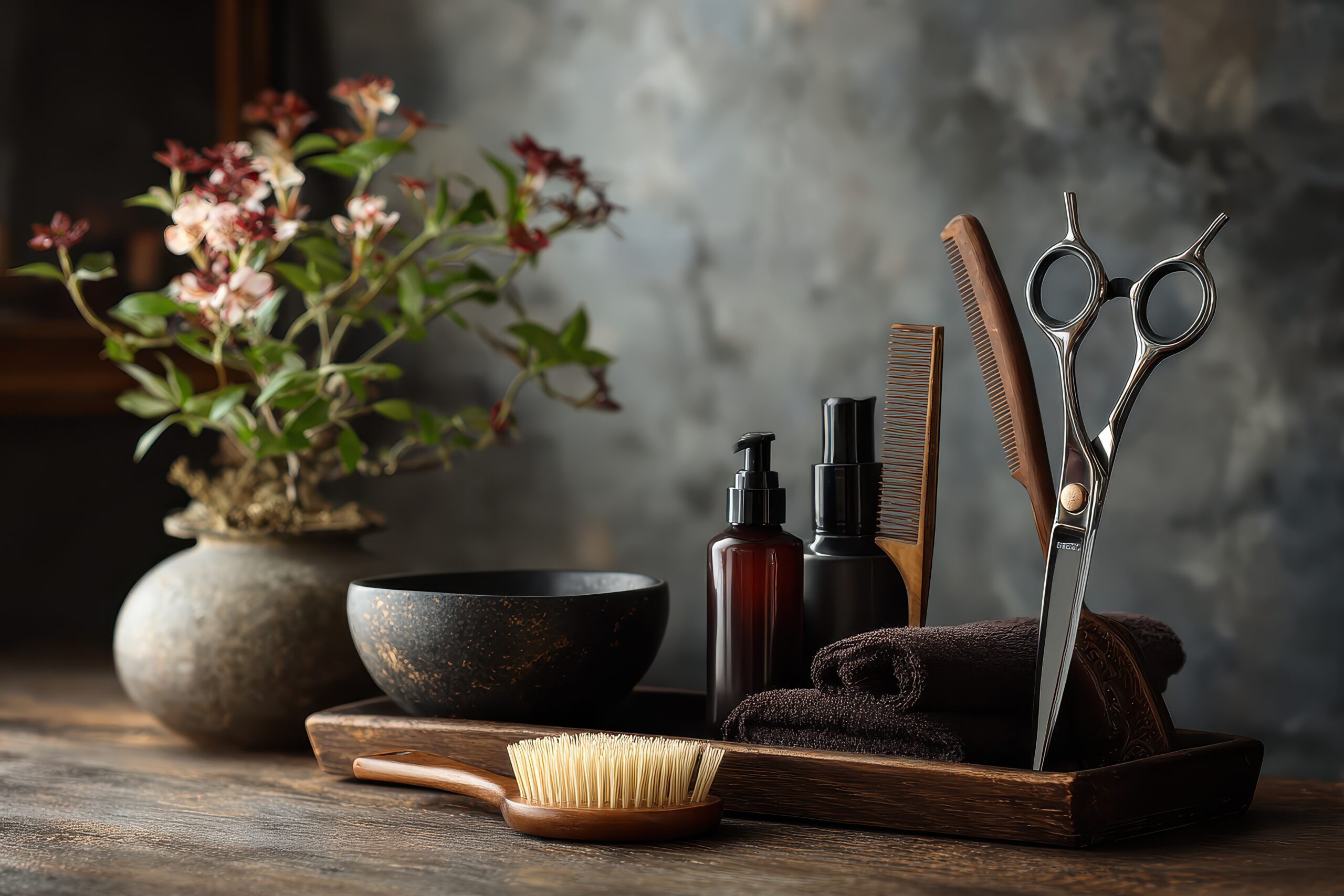 Hairdresser tools arranged on a wooden table in a salon setting with a cozy atmosphere and floral decor
